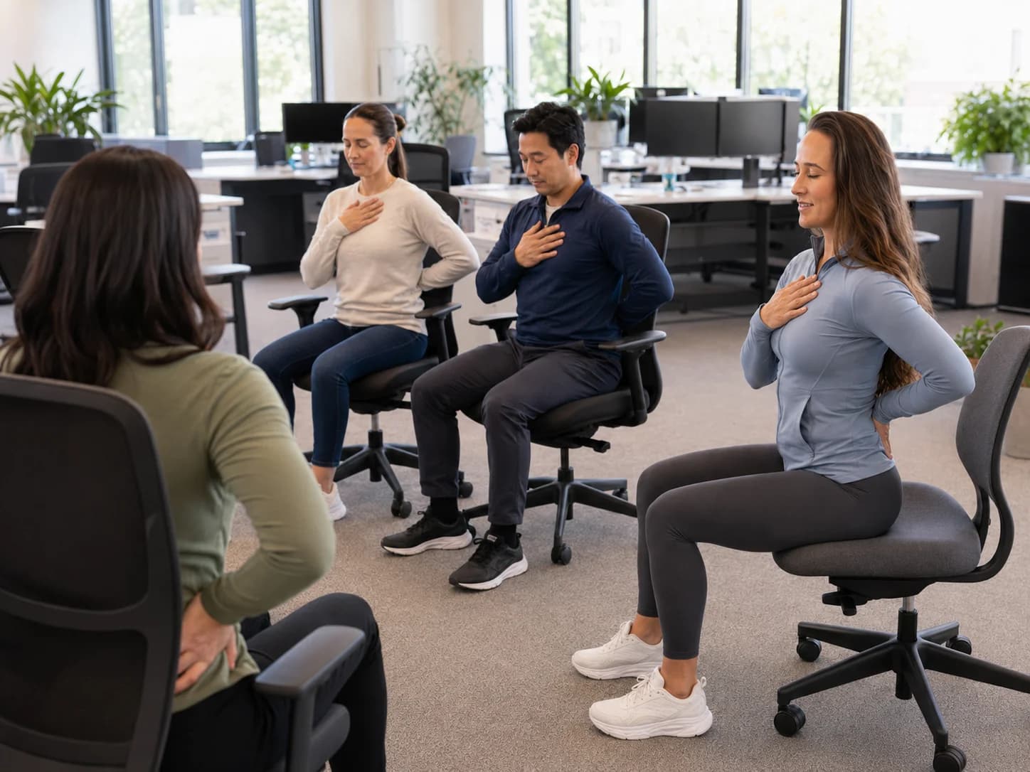 Group corporate wellness movement class in an office setting
