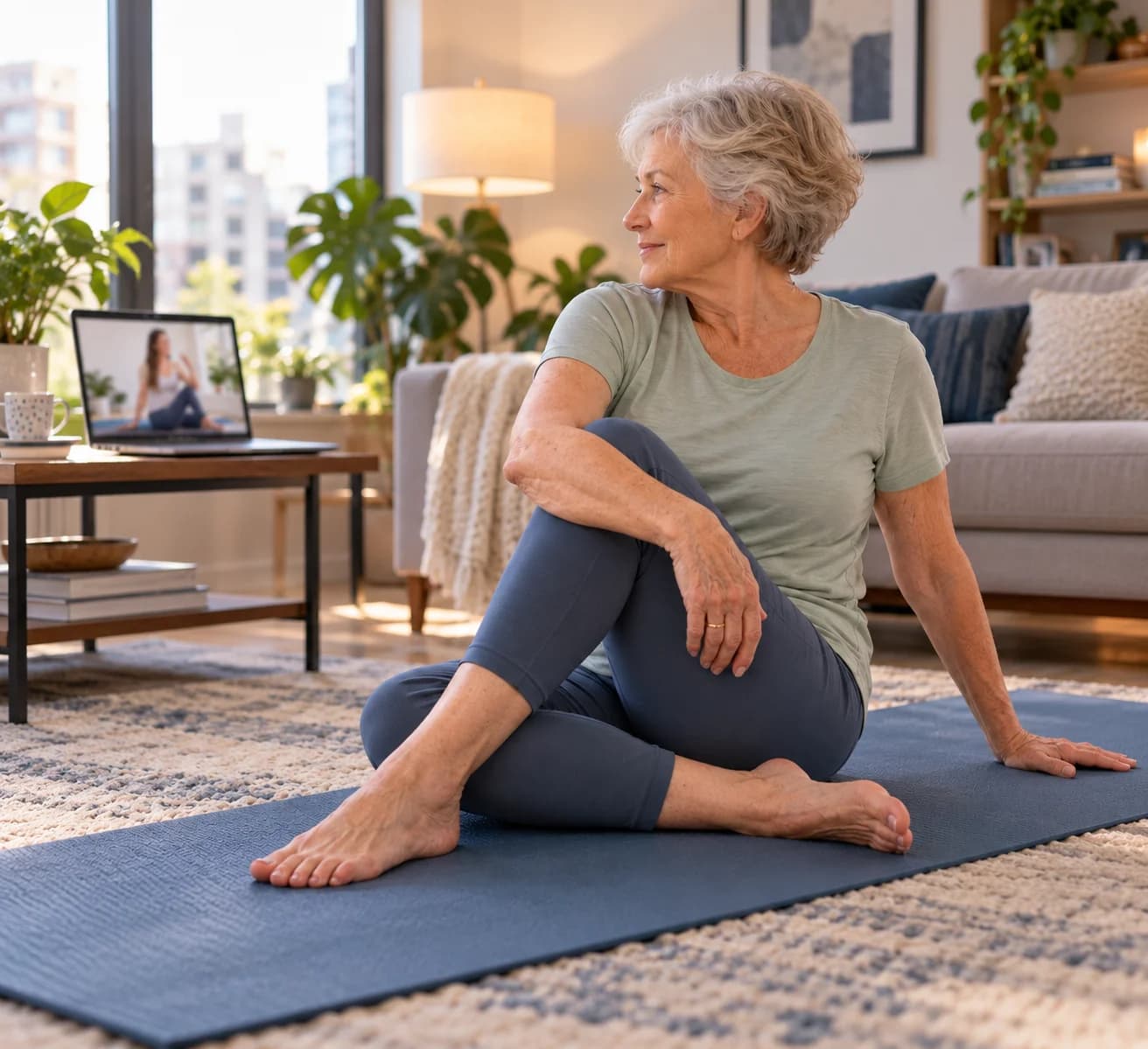 Virtual yoga twist session in a clients living room
