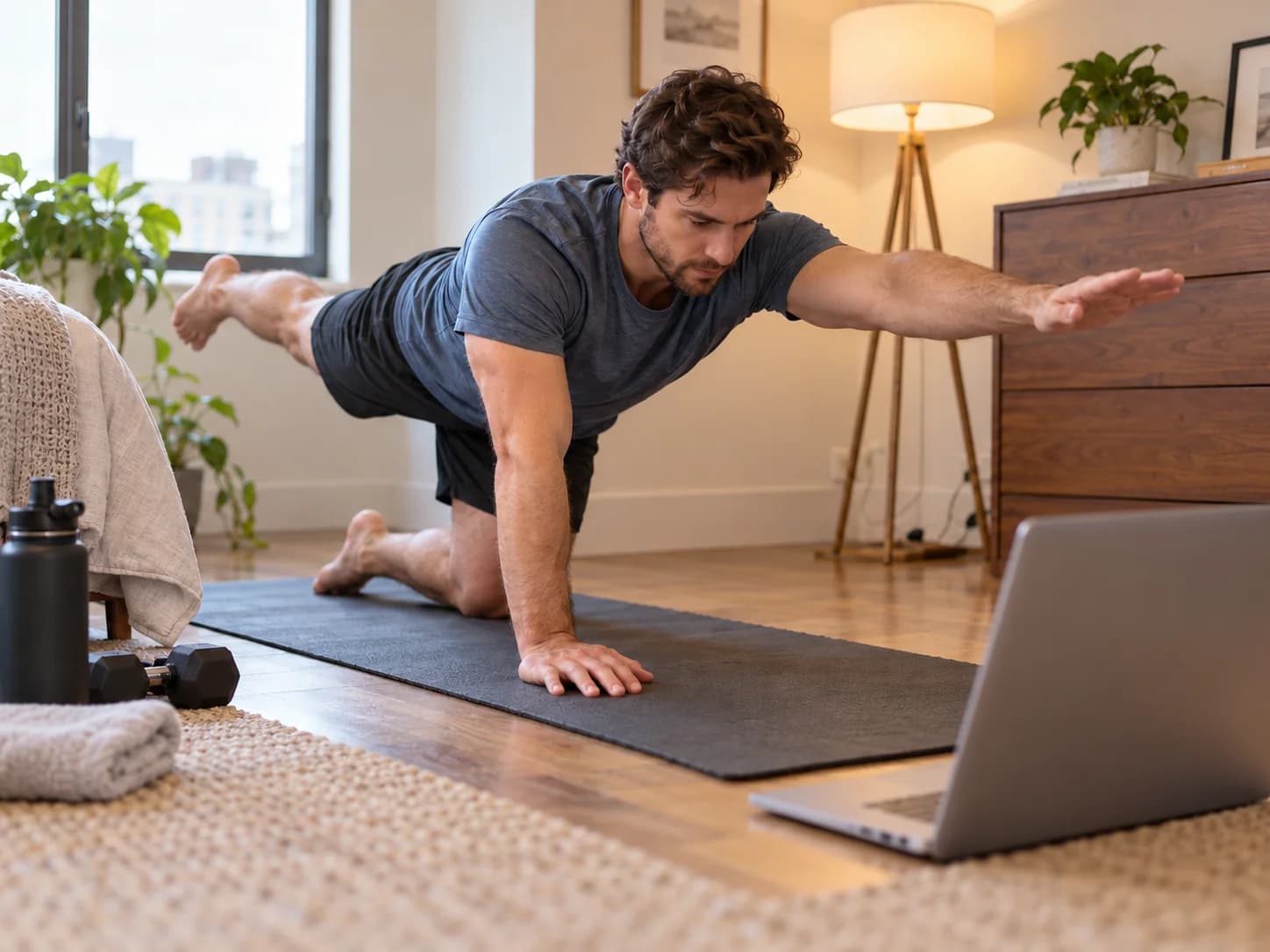 Bird-dog balance exercise in a virtual session